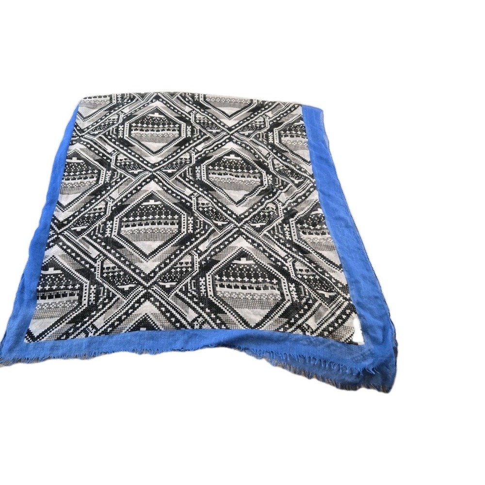 Nicole Marciano Women's Scarf Black white Geometric Bordered by Royal Blue Trim